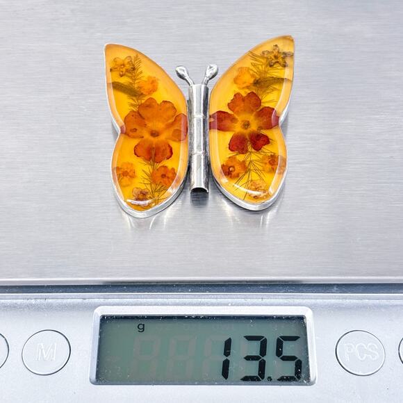 Vintage Sterling Silver 925 Pressed Flower Butterfly Pendant - Picture 5 of 6